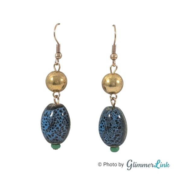 Blue Black & Green Mottled Tiered Gold Tone Dangle Earrings - Picture 2 of 6